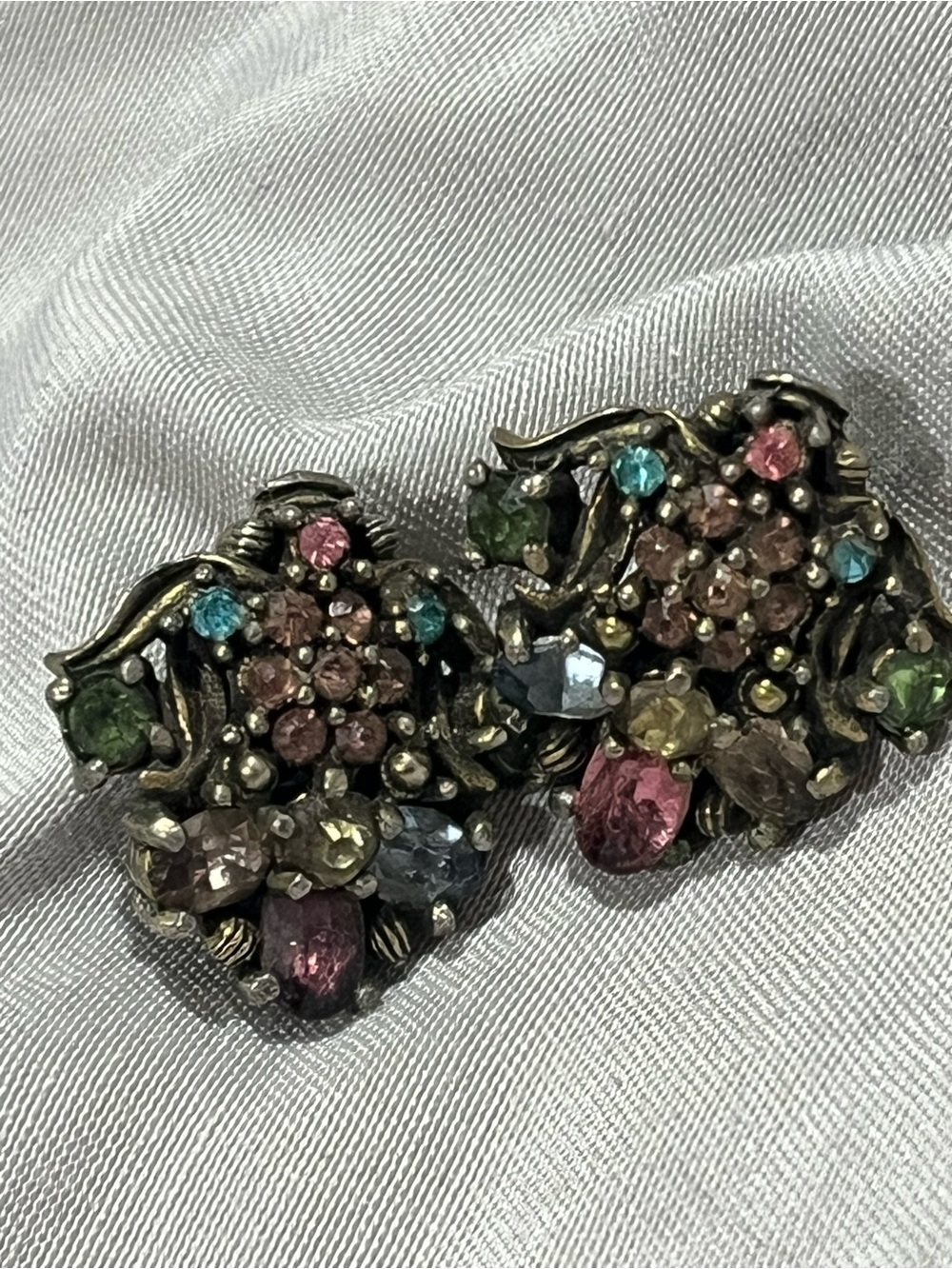 Multicolor Crystal Cluster Earrings in Antique Brass Tone Hollycraft